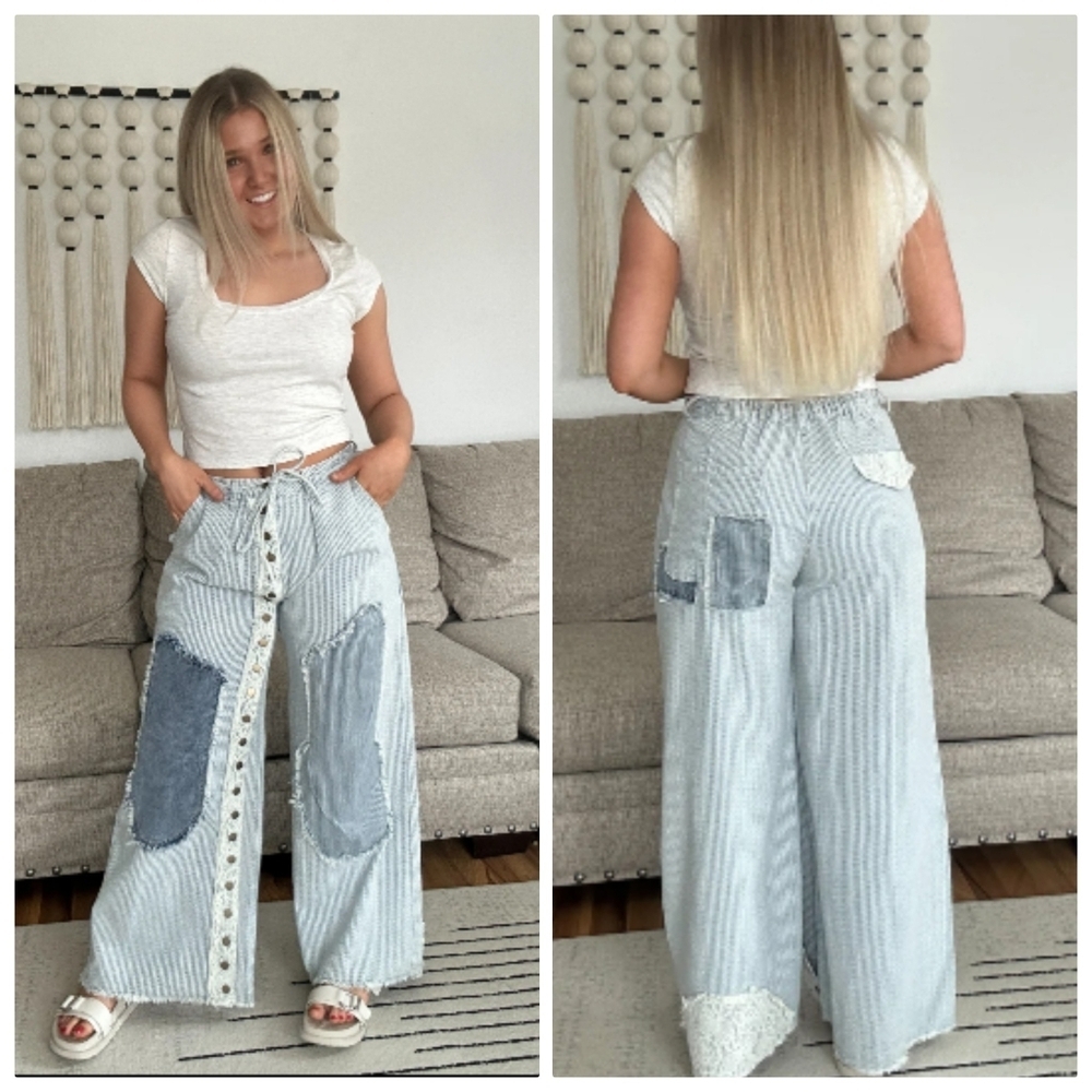 POL Wide-Leg Patchwork Pants Womens Large Blue Button-Front Jeans Sparkle 7